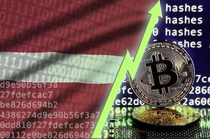 Latvia flag and rising green arrow on bitcoin mining screen and two physical golden bitcoins photo