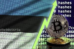 bandera de estonia y flecha verde ascendente en la pantalla de minería bitcoin y dos bitcoins dorados físicos foto