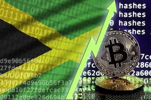 bandera jamaica y flecha verde ascendente en la pantalla de minería bitcoin y dos bitcoins dorados físicos foto