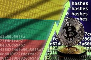 bandera de lituania y flecha verde ascendente en la pantalla de minería bitcoin y dos bitcoins dorados físicos foto