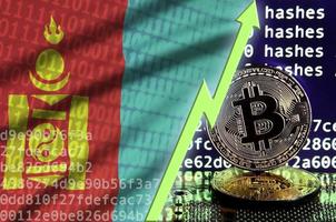 bandera de mongolia y flecha verde ascendente en la pantalla de minería bitcoin y dos bitcoins dorados físicos foto