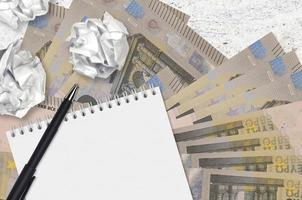5 euro bills and balls of crumpled paper with blank notepad. Bad ideas or less of inspiration concept. Searching ideas for investment photo