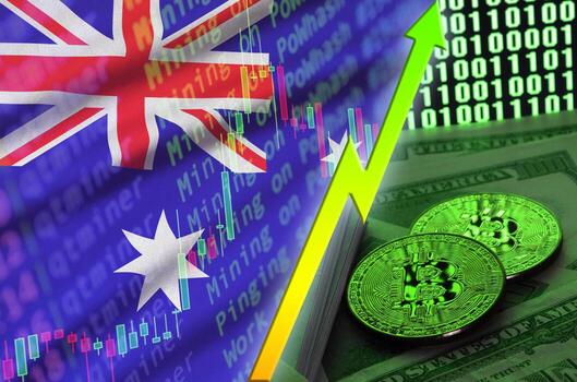 Australia flag and cryptocurrency growing trend with two bitcoins on dollar bills and binary code display photo