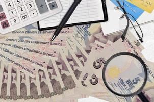 5 Turkish lira bills and calculator with glasses and pen. Tax payment season concept or investment solutions. Searching a job with high salary photo