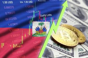 Haiti flag and cryptocurrency growing trend with two bitcoins on dollar bills photo