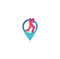 Batsman playing cricket map pin shape concept logo. Cricket competition logo. Stylized cricketer character for website design. Cricket championship. vector