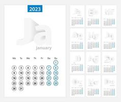 Calendar 2023, blue circle design. English language, week starts on Monday. vector