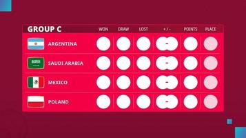 Table of group C in football cup 2022. Schedule for Group C of soccer competition. vector