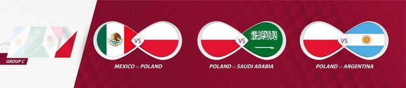 partidos de la selección nacional de polonia en el grupo c, competición de fútbol 2022, icono de todos los juegos en la fase de grupos. vector