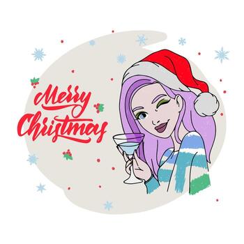 Tasty drink in the hand of a girl in a hat, doodle vector