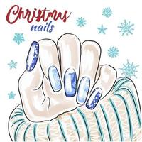 Beautiful winter nail design, hand drawn Christmas nails, manicure vector