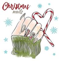 uñas navideñas, dibujadas a mano, diseño brillante de uñas largas vector