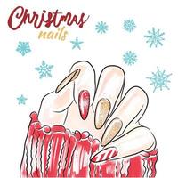 Christmas nails in red colour, hand drawn, manicure vector