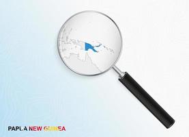 Magnifier with map of Papua New Guinea on abstract topographic background. vector