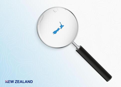 Magnifier with map of New Zealand on abstract topographic background. vector