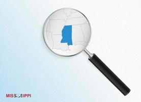 Magnifier with map of Mississippi on abstract topographic background. vector