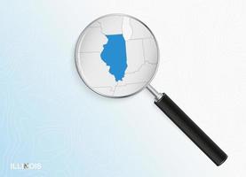 Magnifier with map of Illinois on abstract topographic background. vector