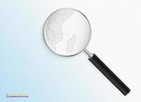 Magnifier with map of Comoros on abstract topographic background. vector