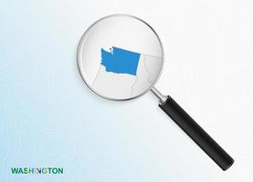 Magnifier with map of Washington on abstract topographic background. vector