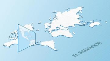 mapa mundial en estilo isométrico con mapa detallado de el salvador. mapa azul claro de el salvador con mapa del mundo abstracto. vector