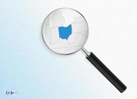 Magnifier with map of Ohio on abstract topographic background. vector