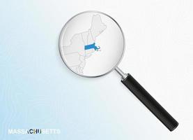 Magnifier with map of Massachusetts on abstract topographic background. vector