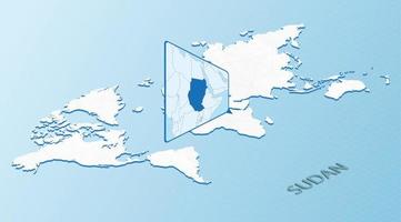 World Map in isometric style with detailed map of Sudan. Light blue Sudan map with abstract World Map. vector