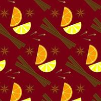 Seamless pattern on a burgundy background. Christmas mood. The smell of citrus fruits, drawing slices of orange and lemon, cinnamon, cloves, anise. Vector illustration