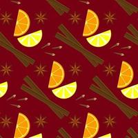 Seamless pattern on a burgundy background. Christmas mood. The smell of citrus fruits, drawing slices of orange and lemon, cinnamon, cloves, anise. Vector illustration