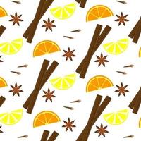 Seamless pattern on a white background. Christmas mood. The smell of citrus fruits, drawing slices of orange and lemon, cinnamon, cloves, anise. Vector illustration