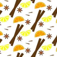 Seamless pattern on a white background. Christmas mood. The smell of citrus fruits, drawing slices of orange and lemon, cinnamon, cloves, anise. Vector illustration