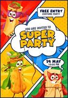Superhero party flyer mexican food characters vector