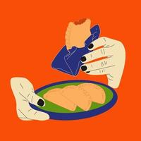 Hand holds empanada. Latin American food empanadas in plate. Vector in cartoon style. All elements are isolated