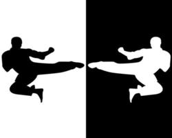 patada de karate para saltar sobre el fondo blanco y negro vector