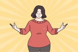 Self esteem, confidence, positive emotions concept. Portrait of confident, satisfied and happy fat overweight woman with both hands out vector illustration