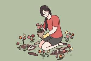 cuidando las plantas, cultivando el concepto de flores. joven personaje de dibujos animados de mujer sonriente sentado en el piso sosteniendo una flor roja en una olla cuidando la ilustración de vector de jardinería