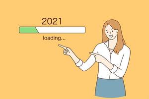 anticipación, esperando un mejor concepto de año nuevo 2021. joven y alegre mujer bonita señalando con el dedo el proceso de descarga de 2021 sobre fondo amarillo esperando una mejor ilustración vectorial de noticias vector