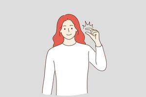 Little bit and small amount concept. Smiling red haired woman cartoon character showing little bit gesture, showing something insignificant vector illustration