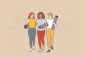 practicar yoga, concepto de estilo de vida activo y saludable. tres jóvenes amigas sonrientes con colchonetas de yoga caminando por la calle para ir a clase o practicar sintiéndose feliz ilustración vectorial vector