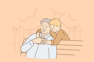 Happy childhood and parenting concept. Smiling senior man sitting on bench and feeling hugs of his grandson hugging him from behind during walk in park in summer vector illustration