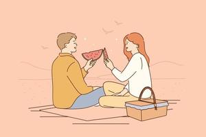 Romantic dating, picnic, summertime concept. Young happy couple cartoon characters sitting on floor having picnic talking smiling eating ripe fresh watermelon together vector illustration
