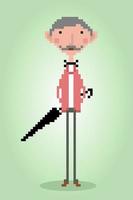 8 Bit pixels grandpa carry umbrella. human for game assets and Cross Stitch patterns in vector illustrations.