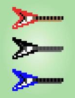 8-bit electric guitar pixel. Instrument object for game assets and Cross Stitch patterns in vector illustrations.