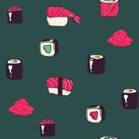 patrón de sushi sin costuras vectoriales iconos aislados de sushi en patrón sin costuras, ilustración vectorial. diseño de papel de regalo para paquetes de entrega de comida de restaurante japonés. vector