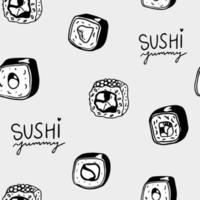 iconos aislados de sushi en patrones sin fisuras, ilustración vectorial. diseño de papel de regalo para paquetes de entrega de comida de restaurante japonés. plato de marisco de cocina asiática tradicional, cubierta de menú de sushi y panecillos. vector