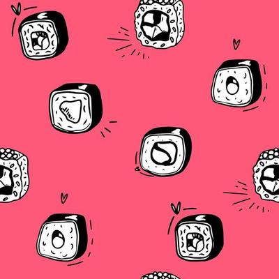 Sushi isolated icons in seamless pattern, vector illustration. Wrapping paper design for Japanese restaurant food delivery packages. Traditional Asian cuisine seafood dish, sushi and rolls menu cover.