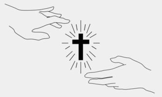 Hands and cross mininal line art doodle style. Faith, spirit, christian, catholic vector design element