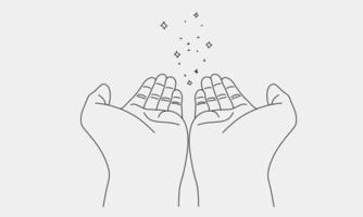 Hands pray magic star minimal line art doodle style vector