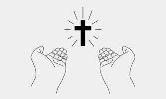 Hands and cross mininal line art doodle style. Faith, spirit, christian, catholic vector design element