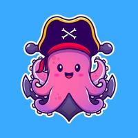 Cute Pirate Octopus With Anchor Cartoon Vector Icon Illustration. Animal Pirate Icon Concept Isolated Premium Vector. Flat Cartoon Style